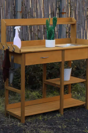Wooden Garden Potting Bench Table with Removable Stainless Sink and Drawer