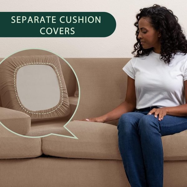 4 Pieces Large Stretch Sofa Cover for 3 Seater Couch, Camel - Image 5