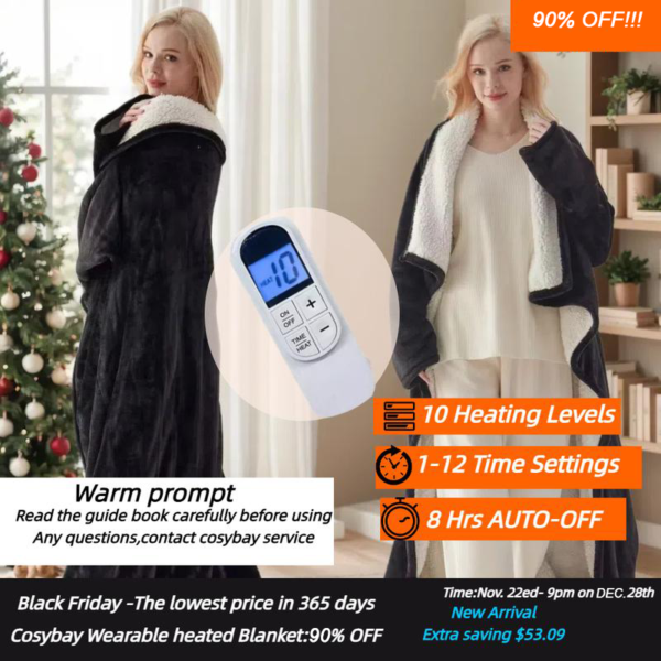 Wearable Heated Blanket with Foot Pocket and Sleeves,Flannel & Sherpa Blanket,10 Heating Settings & 1-12 Hours  Auto-off, 50x70 Inch