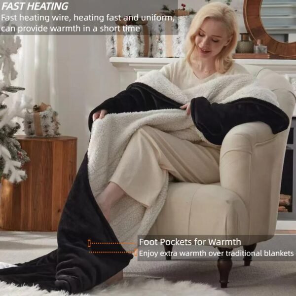 Wearable Heated Blanket with Foot Pocket and Sleeves,Flannel & Sherpa Blanket,10 Heating Settings & 1-12 Hours  Auto-off, 50x70 Inch - Image 4