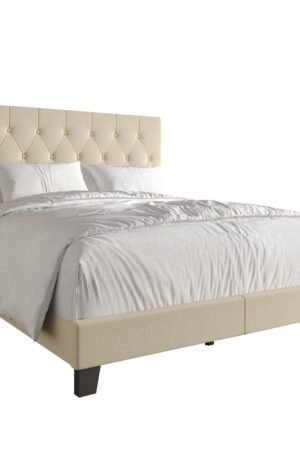 Simple Button Tufted Linen Upholstered Bed Beige - Twin